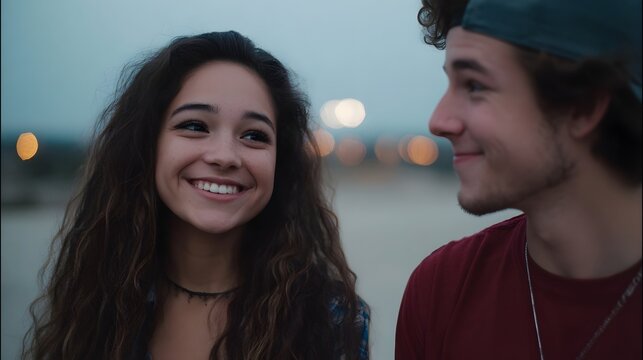 A young couple smiles at each other outdoors at dusk conveying happiness and connection in a warm soft light