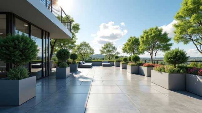 Moderna terraza exterior con grandes baldosas grises lisas que reflejan una sutil iluminaci&oacute;n lineal