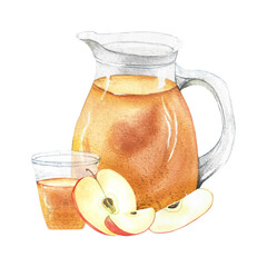 apple juice in a decanter and a glass, apple slices, watercolor illustration for tableware, packaging, design, and textiles