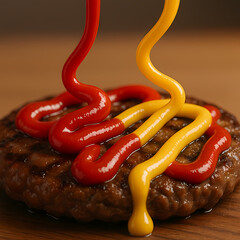 Close-Up of Grilled Burger Patty with Ketchup and Mustard Drizzle