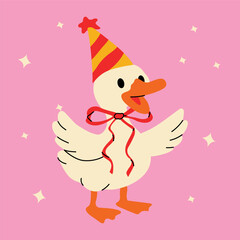 Fun Party Goose with Red Bow and Celebration Hat