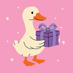 Happy Goose with Gift Box in Hand Drawn Style