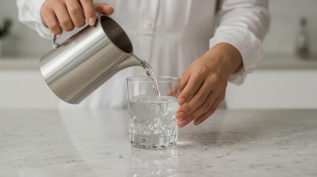 Persona vertiendo agua cristalina de una jarra de acero inoxidable en un vaso transparente