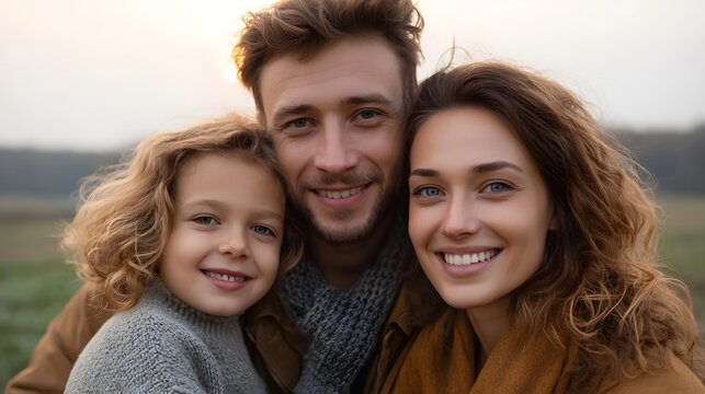 A happy family of three smiles warmly embracing outdoors during the soft light of golden hour
