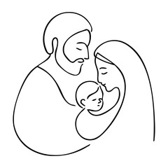 Logo con dibujo de línea continua de escena de la natividad con San José, la Virgen María y el niño Jesús