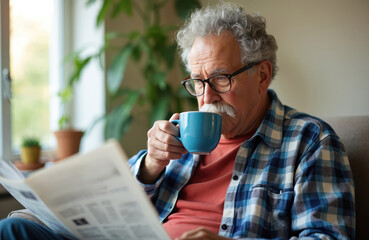 Elderly man reading newspaper and drinking tea from blue cup at home. Senior person relaxing on sofa. Mature male enjoying morning routine alone in living room with plants near window.