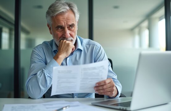 Mature businessman ponders financial papers in office. He reviews contract details and feels uncertainty about company results. Laptop open nearby for research.