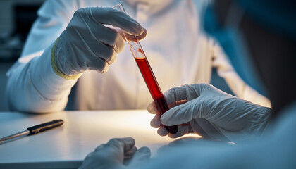 Gloved hands holding blood sample in test tube under laboratory light, medical professionals preparing for microscopic analysis, clinical setting, focused and precise