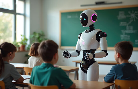 Robot teacher interacts with kids in classroom during lesson. Children learn from artificial intelligence in a modern school. Future of education technology helps students.