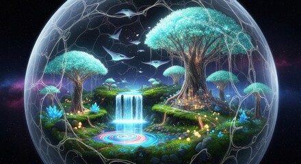 Enchanting fantasy landscape with glowing trees and a serene waterfall captured in a magical dome