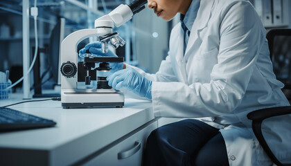 Scientist adjusting glass slide under microscope, wearing lab coat and gloves, focused on scientific research in modern laboratory, precise and concentrated atmosphere