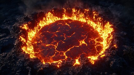 Fiery crater with molten rock glows, surrounded by dark, rough terrain