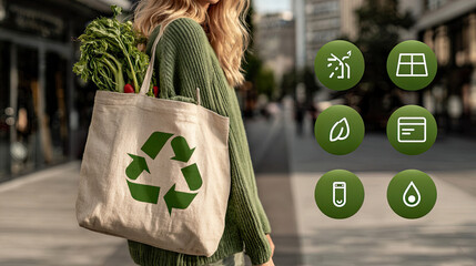 Woman in green sweater carrying eco bag with vegetables and environmental sustainability icons, Generated with AI