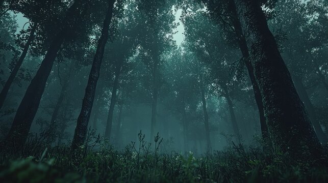 Foggy forest floor view, upward angle; tall trees, mist obscures canopy