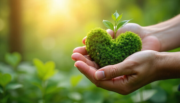 Hands hold heart shaped moss with young plant. It is symbol of love, nature, ecology. Green background bokeh with sunlight. Concept of eco responsibility and spring growth.