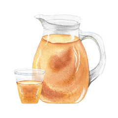 glass jug with apple juice and a glass of rosehip tea, watercolor illustration for packaging and design