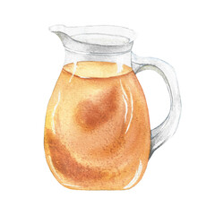 glass jug with apple juice, rosehip decoction, watercolor illustration for packaging and design