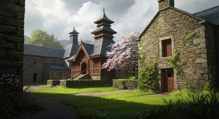 Fototapeta premium Picturesque stone buildings and ornate wooden architecture with a pagoda roof, blooming pink tree, and lush green grass in a peaceful village courtyard.