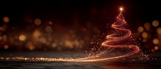 Radiant abstract Christmas tree of shimmering amber and honey-gold particles spiraling toward a warm glowing star, with golden bokeh gradients and cinematic holiday light trail
