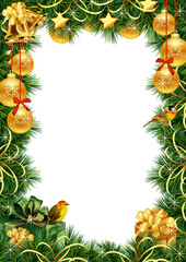 Festive christmas wreath border with golden ornaments and pine needles on black background