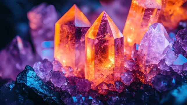 Glowing crystal formations cluster, purple, orange, and blue hues illuminate facets