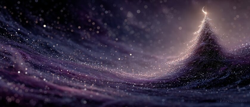 Radiant abstract Christmas tree of shimmering silver and violet particles with glowing crescent star, indigo night-sky gradient and magical bokeh, mystical winter digital art