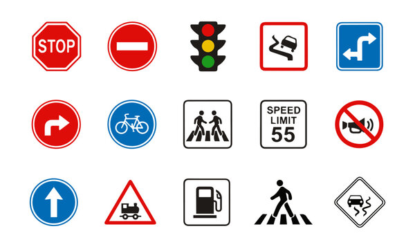 Road and Traffic Sign Icon Set – Stop Sign, Direction, Warning, Pedestrian, and Regulatory Symbols for Driving, Education, and Navigation Design