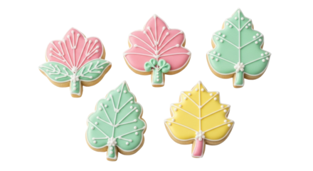 Isolated sugar cookies shaped like colorful leaves are decorated for autumn or fall holidays