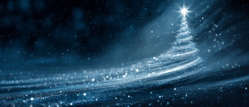 Abstract Christmas tree of shimmering silver and icy blue particles spiraling to a crystal star, with arctic blue gradient, frosty bokeh, and serene magical winter light trails - Powered by Adobe