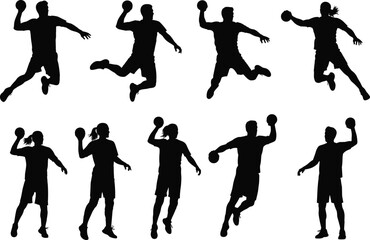 Handball Player Throwing Ball Silhouette Vector Set Isolated White Background Sport Icon Logo Cad Drawing Flat Illustration