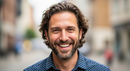 Fototapeta premium Smiling man with curly hair standing on a busy street in an urban setting during daylight hours