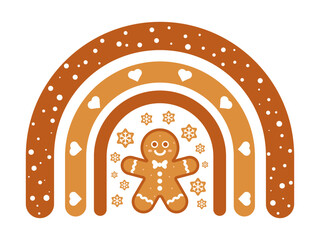Gingerbread boho rainbow with cute holiday cookie. Festive winter vector with snowflakes hearts perfect for Christmas cards, seasonal decor, kids designs, and cozy holiday artwork. Vector illustration