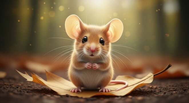 Cute mouse standing on a leaf in a serene forest setting during the golden hour of late afternoon
