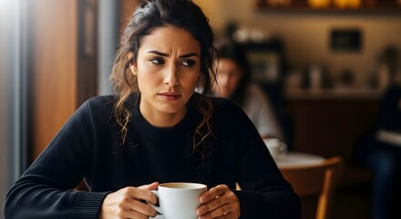 A woman in a black sweater holding a coffee cup in a cafe with warm tones.