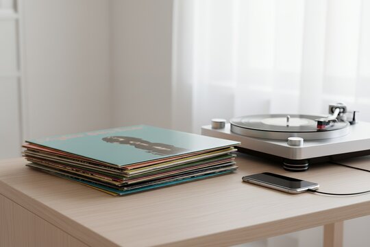Stack of vinyl records beside turntable and smartphone on table digital detox concept phone off