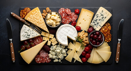 A gourmet cheese and charcuterie board with various cheeses, cured meats, nuts, and fruits on a dark background.