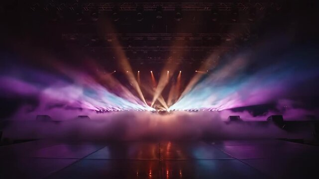 A stage with fog and lights focused on the center The floor is shiny Overhead rigging supports lights