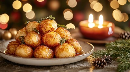 Golden potato balls adorned with herbs on plate, lit by candlelight, festive bokeh