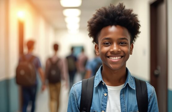 Smiling black teen boy stands in school hall. Pupil wears backpack and casual clothes. Positive student looks at camera, other teens walk in background. Back to school concept.
