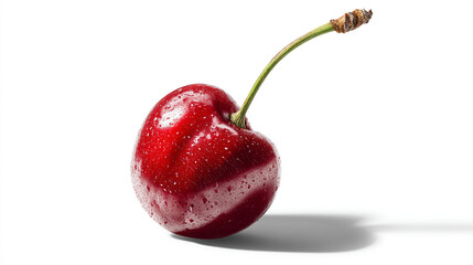 A single ripe cherry with a stem and water droplets on a white background casting a shadow