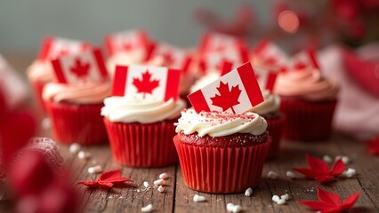 Canada Day Cupcakes with Flags on Rustic Wooden Table