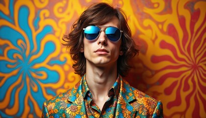 Young man wears aviator sunglasses. Long brown hair. Guy poses in vibrant floral retro jacket against colorful psychedelic background. Fashion style looks groovy, brings vintage 60s 70s vibe. Serious