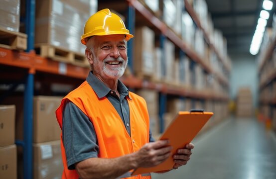 Happy senior worker in warehouse checks inventory. Elderly man smiles at camera. Employee holds clipboard. Warehouse worker in safety vest and helmet. Logistics and storage concept.