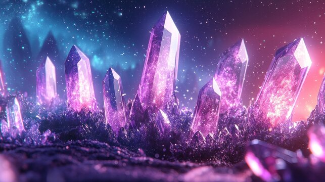 Glowing purple crystals sprout from a dark, textured ground, lit with nebula colors - Powered by Adobe