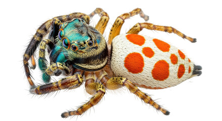 Isolated peacock spider is a colorful animal in macro photography showcasing iridescent colors