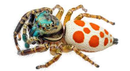 Isolated peacock spider is a colorful animal in macro photography showcasing iridescent colors