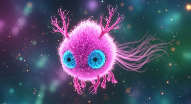 A fluffy pink creature with blue eyes and antler-like horns floats in a colorful, bokeh-filled space. - Powered by Adobe
