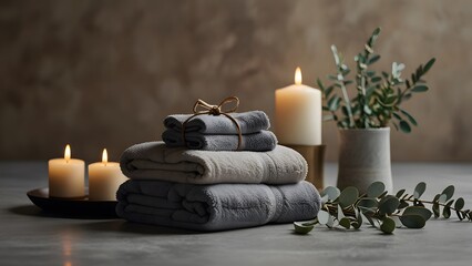 Minimalist composition showing a stack of soft gray folded bath towels, three gently glowing spa candles, and sprigs of fresh green eucalyptus leaves for a peaceful relaxation setting.