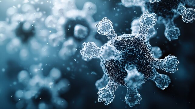 Microscopic view of several textured virus cells rendered in shades of blue