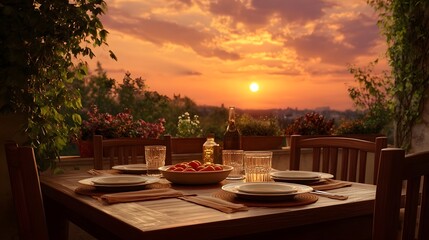 Obraz premium An inviting outdoor dining table set with plates glasses and fresh tomatoes is bathed in the warm golden light of a dramatic sunset